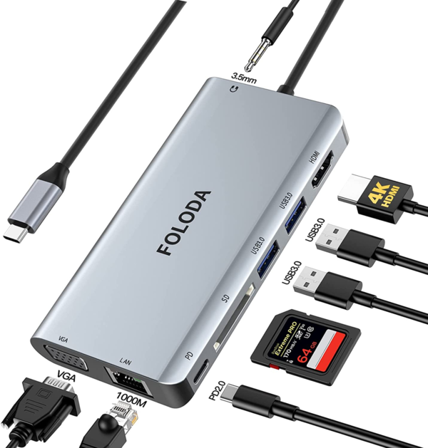 Adaptador usb c 8 en 1 Hdmi , PD, RJ45 , lector de tarjetas SD, USB3 x2, Audio, VGA ( Ref. 7.250)